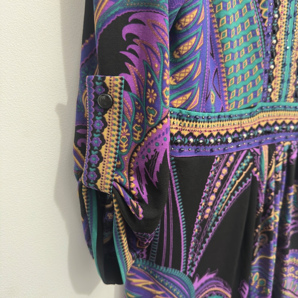 ECI New York Paisley Dress Purple Teal Beaded Empire Waist Roll Tab Sz 12 Boho - Picture 4 of 8